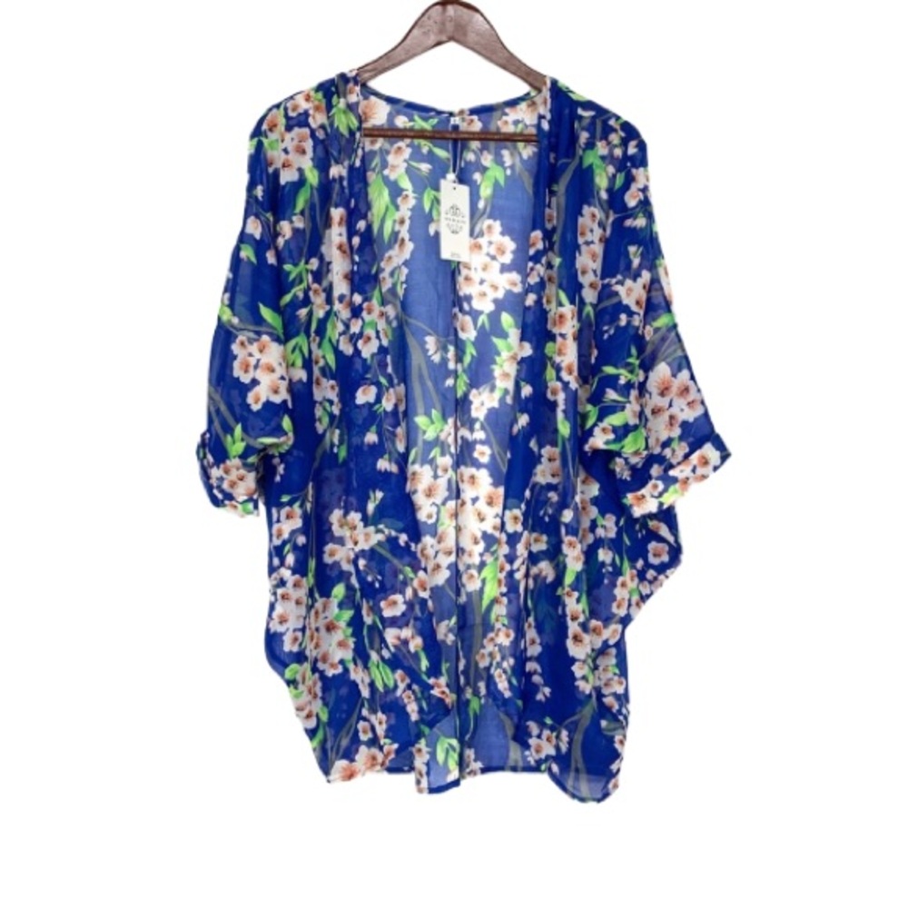 Olrain Blue & Green White Floral Short Sleeve Kimono Sheer Beach Cover Up Top